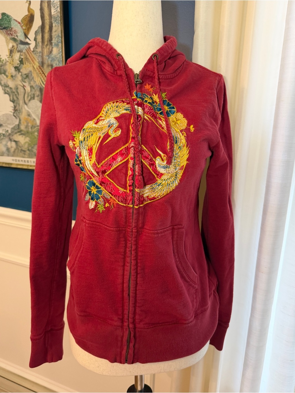 Lucky Brand Y2K Embroidered Zip-up Hoodie Peace Sign With Bird and Flowers